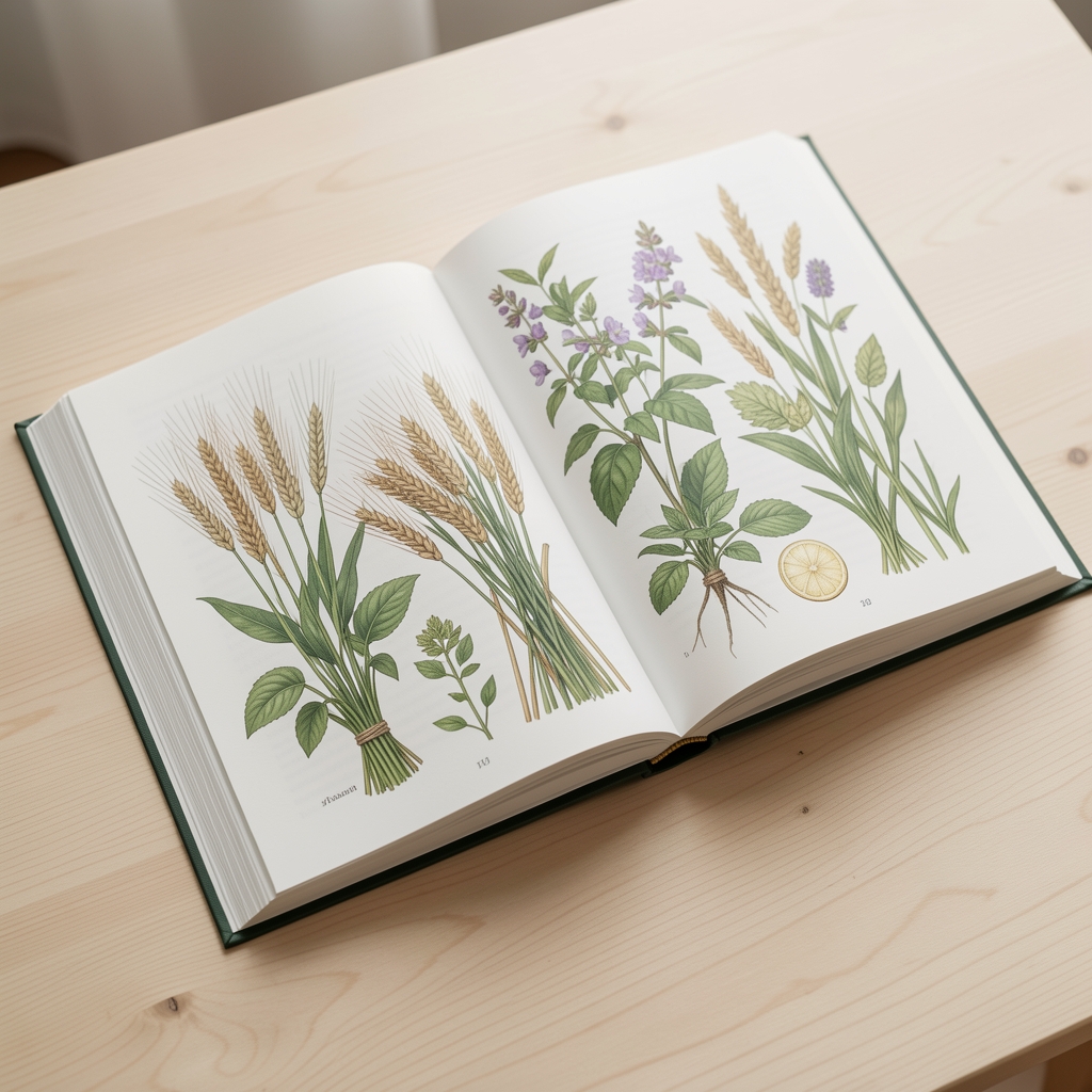 Nahaufnahme eines aufgeschlagenen wissenschaftlichen Buches mit botanischen Illustrationen von Gemüse- und Getreidepflanzen auf einem hellen Holztisch