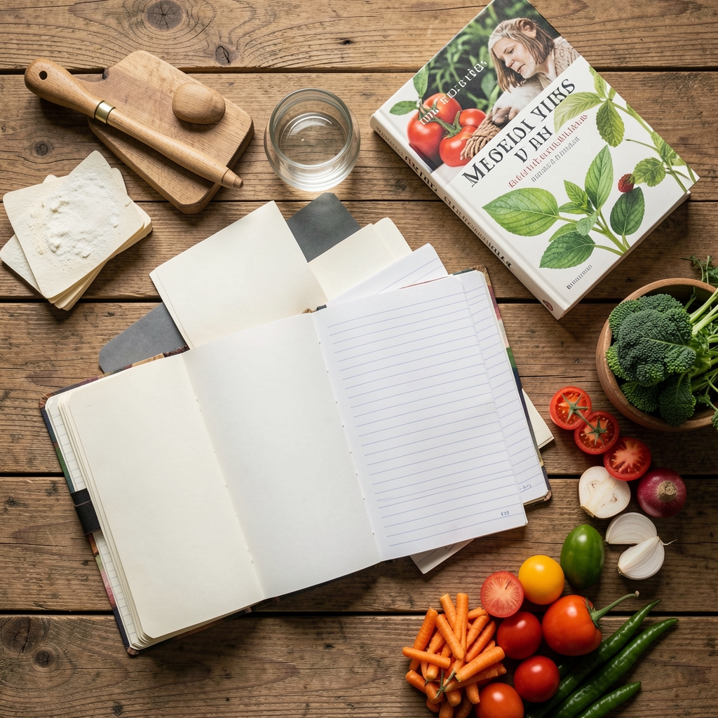 Draufsicht auf einen Holztisch mit aufgeschlagenen Notizheften, einem Buch über Botanik und frischen Gemüseproben – Studienatmosphäre