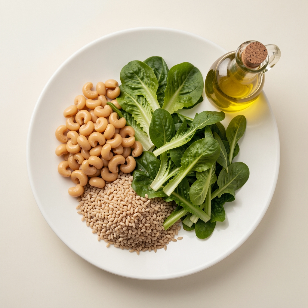 Draufsicht auf einen ausgewogenen Teller mit Getreide, Gemüse und Hülsenfrüchten auf einem neutralen Hintergrund – klares Studio-Licht