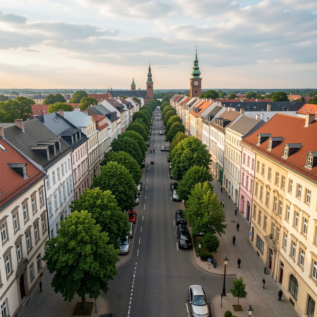 Luftbild einer ruhigen deutschen Innenstadt mit gepflegten Straßenzug, grünen Bäumen und klassischer Architektur in Bonn
