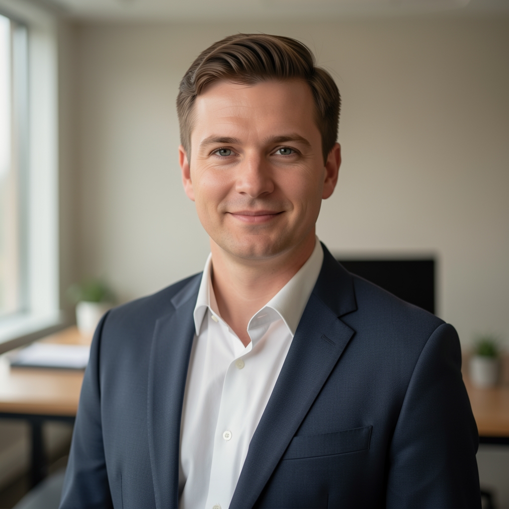 Helles, ruhiges Büro-Interieur mit Schreibtisch, neutralen Wänden und indirektem Tageslicht – keine Personen sichtbar