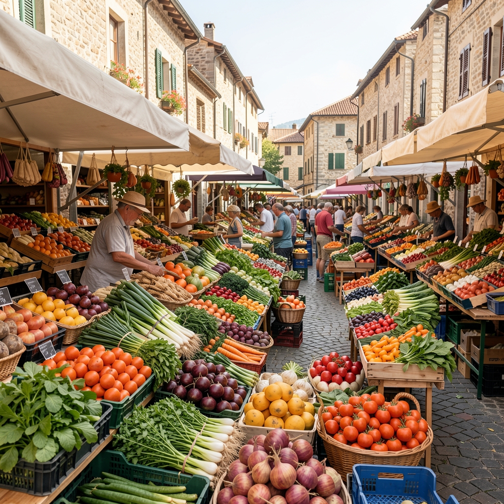 Weitläufiges mediterr-Gemüsemarkt-Panorama mit verschiedenen saisonalen Gemüsesorten in Hölzkörben unter natürlichem Tageslicht